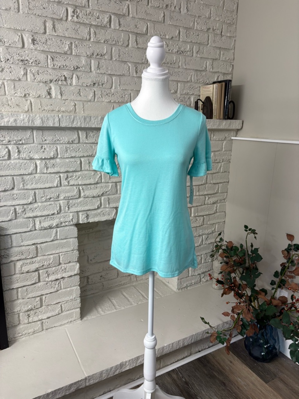NWT Tribal Women's Sea Haze Aqua Ruffle Sleeve Crewneck Tee Size XS